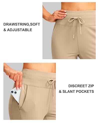 SANTINY Women's Fleece Lined Joggers with Pockets Slim Fit Ski Pants Winter Warm Leggings Hiking Running Gear (Khaki_M) - Thumbnail 5