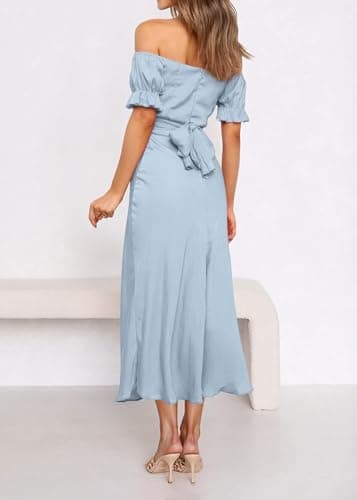 KIRUNDO Women's 2026 Spring Summer Satin Wedding Guest Midi Dress Off The Shoulder Wrap Party Cocktail Formal Prom Dresses(Brilliant Blue, Small) - Thumbnail 6