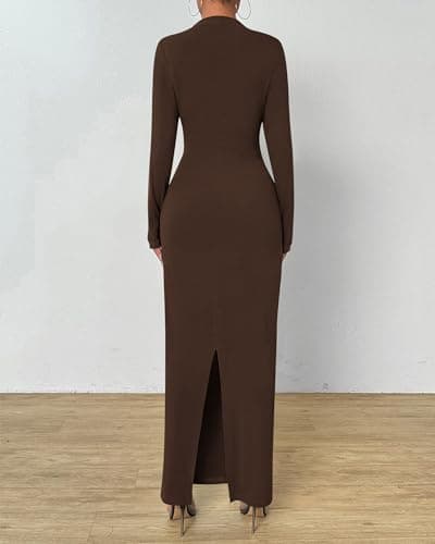 BTFBM Women Bodycon Maxi Dress Long Sleeve Back Slit Ruched Elegant Party Cocktail Formal Fall Wedding Guest Dresses(Brown, Medium) - Thumbnail 3
