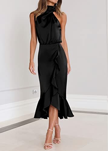 KIRUNDO Women 2026 Spring Summer Satin Mock Neck Wedding Guest Party Cocktail Midi Dress Sleeveless Wrap Ruffle Formal Dress(Black, Large) - Thumbnail 2