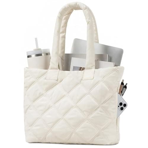 soewten Puffer Tote Bag for Women, Quilted Bag with Zipper, Small Tote HandBags for Work, Travel, Beige - Image 1