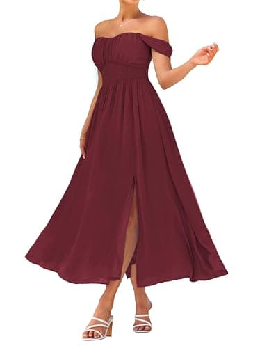 GRACE KARIN Summer Wine Red Dress for Women 2026,Off the Shoulder Smocked Bridesmaid Dresses,Formal Baby Shower Maxi Dresses XXL - Image 1