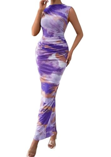 PRETTYGARDEN Summer Dresses for Women 2026 Sleeveless Bodycon Maxi Spring Mock Neck Tie Dye Mesh Cocktail Going Out Dress (Floral Purple,X-Large) - Image 1