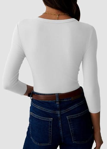 GKBK Womens 3/4 Sleeve Scoop Neck Tops Ribbed Knit Slim Fitted Casual Basic Tee Shirts 2026 Summer Fashion Trendy Work Casual T-Shirt Workout Outfits Thermal Undershirts Layering Clothes White M - Thumbnail 5