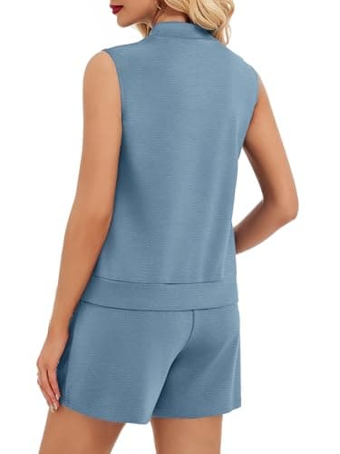Casly Lamiit Lounge Sets for Women 2 Piece Travel Outfits Sleeveless Button Down Vest Shorts Sweatsuit with Pockets Spring Beach Vacation Clothes Blue Grey 2XL - Thumbnail 4