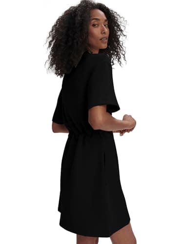 COCOMARTS Dresses for Women Summer Short Sleeve Crew Neck Sweatshirt Dress Drawstring Waist Tunic Tops Mini Vacation Sundress Black Medium - Thumbnail 4