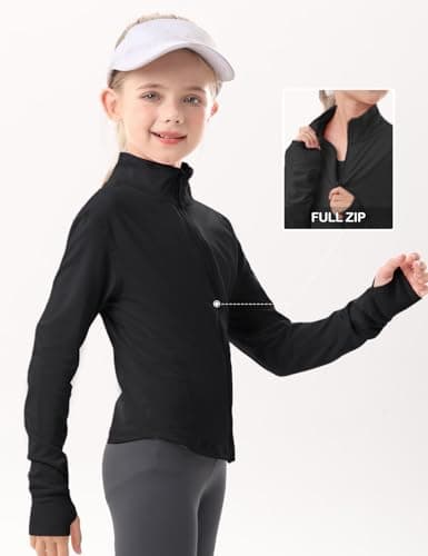 Gihuo Girls Zip Up Workout Jacket Lightweight Athletic Horse Riding Jackets Cropped Gym Yoga Track Shirts with Thumb Holes(Black-7-8Y) - Thumbnail 6