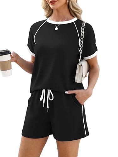 Casly Lamiit Lounge Sets for Women Summer Airport Outfits 2 Piece Short Set Crew Neck Tops Shorts Matching Lounge Beach Travel Clothing Black L - Image 1