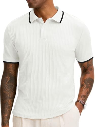Comdecevis Knit Polo Shirts Men Summer Crochet Vintage Collared Golf Shirts 3XL White - Image 1