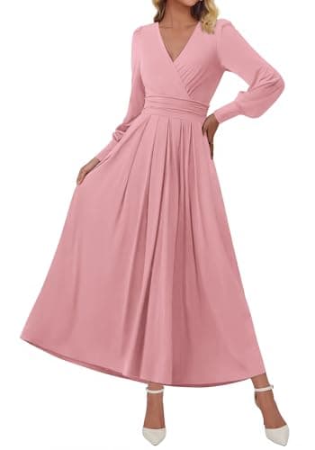 BTFBM Womens Long Sleeve Maxi Dress Fall 2025 Casual V Neck Knit A Line Flowy Pockets Elegant Party Wedding Guest Dresses(Pink, Small) - Image 1