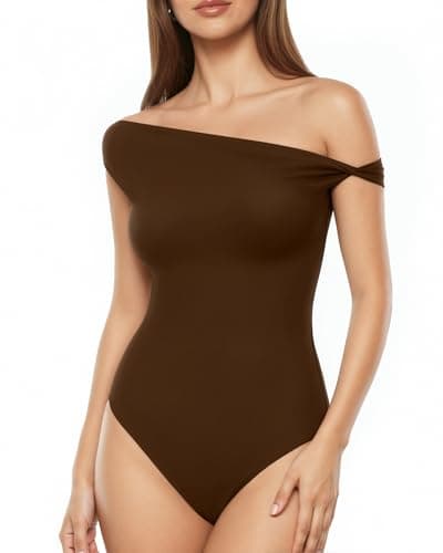 MANGOPOP Women's Off The Shoulder Double Lined Bodysuit Versatile Thong Body Suit Going Out Summer Trendy Tops Coffee, Medium - Image 1