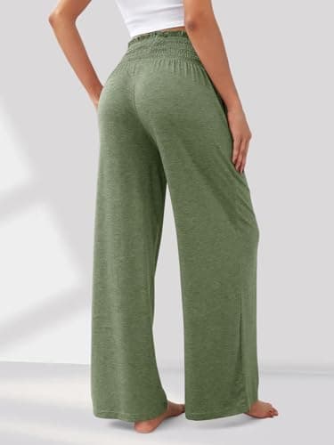 GEMLON Womens Wide Leg Pants High Waisted Palazzo Pants Summer Flowy Lounge Trousers Casual Pants with Pockets Green 2XL - Thumbnail 2