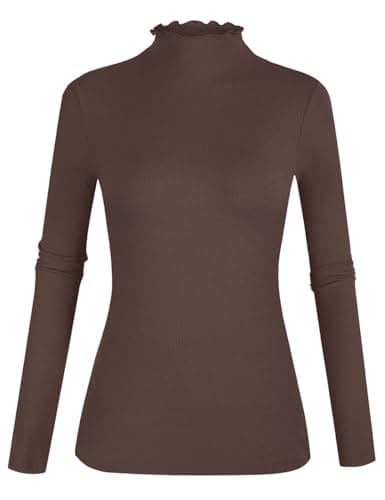 POPZONE Women's Lettuce Trim Mock Neck Long Sleeve Slim Fit Ribbed Knit Tee Shirt (Coffee, X-Large) - Image 1