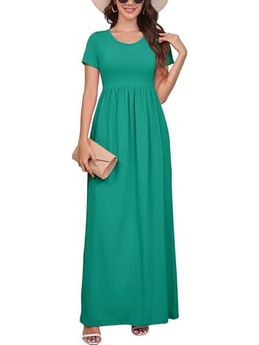 DEARCASE Maxi Dress for Women Emerald Green Large Crewneck Short Sleeve Sundresses Wedding Guest A-line Casual Loose Party Vintage Spring Summer Vacation Flowy Beach Long Dresses with Pockets - Image 1