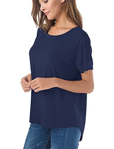 Herou Short Sleeve High Low Tops for Girls Summer Basic Loose Fitted Stretch tee Shirts Navy Medium - Thumbnail 2