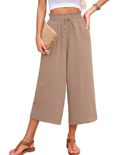 KORSIS Women Capri Pants Wide Leg High Waisted Casual Spring Dressy Palazzo Vacation Beach Tie Belt Trousers with Pockets Wheat Large - Image 1