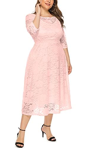 Eternatastic Womens Scooped Neckline Floral lace Top Plus Size Cocktail Party Midi Dress 6XL Pink - Thumbnail 4