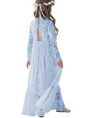 ALLOVIN Toddler & Girls Long Sleeve Lace Flower Girl Dress Maxi Boho A-Line Dress for Wedding Baptism 1st Communion | Light Blue | 4-5Y - Image 1