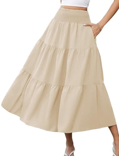 Arolina Womens Long Maxi Skirts Summer Flowy Long Skirt Casual High Waist Smocked A Line Skirts Beach Outfits Beige XXL - Image 1