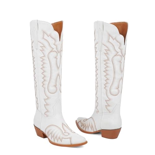 Easyfox Cowboy Boots for Women Knee High White Cowgirl Boots Square Toe Chunky Heel Embroidery Western Boots Womens Size 9.5 - Thumbnail 5
