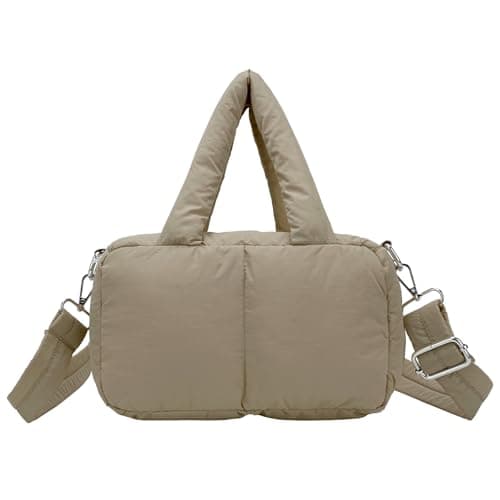 JHhomezeit Small Puffer Bag for Women, Crossbody Puffer Tote Bag Quilted Puffy Bags Satchel Shoulder Purse Fluffy Handbag Khaki - Image 1