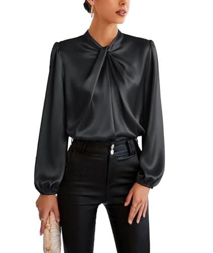 Women's Solid Wear to Work Blouse Mock Neck Lantern Long Sleeve Shirt Twist Front Top 2024 Trendy Black,S - Image 1