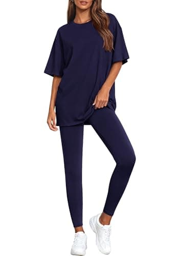 BTFBM Two Piece Lounge Set Women 2026 Spring Casual Oversized Shirts Leggings Matching Workout Airport Travel Outfits(Navy Blue, X-Large) - Image 1