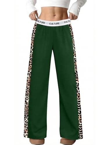 PEFYERVERY Women Baggy Pants Leopard Print Block Side Teen Straight Leg Open Bottom Sweatpants Y2K Elastic Waistband Lightweight Green M - Image 1