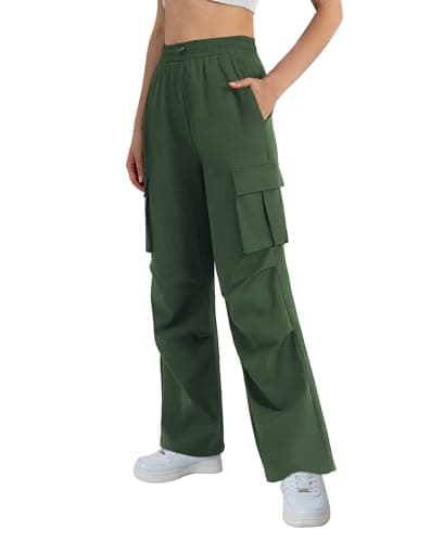 keriffe Womens Cargo Pants High Waisted Casual Baggy Parachute Wide Leg Hiking Pants with 4 Pockets Army Green - Image 1