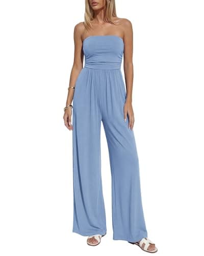 BTFBM Jumpsuits For Women Summer 2026 Beach Vacation Strapless Tube Top Jumpsuit Ruched Casual Wide Leg Pant Rompers(Light Blue, Medium) - Image 1