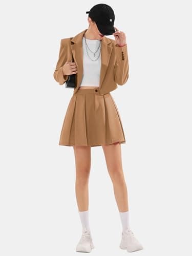 EXLURA Women's Long Sleeve Blazer Suit Sets with Pleated Mini Skirt Fall 2 Piece Outfits Trendy Y2K Fashion Clothes Khaki - Thumbnail 3