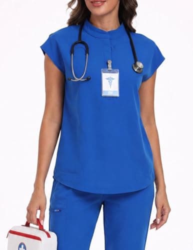 VECARDI Women's Scrub Top Zip Front Stretch Short Sleeve Nurse Uniform Shirt with Pockets Badge Loop Royal Blue - Thumbnail 5