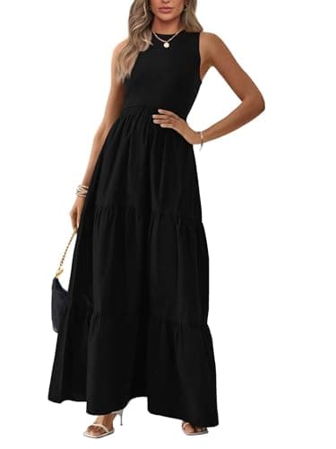 BTFBM Women Sleeveless Summer Dresses Wedding Guest Maxi Dresses Ribbed Knit Tops and Polyester Skirt with Pockets(Solid Black,Large) - Image 1