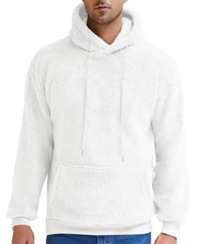 Aimeilgot Mens Hoodie Pullover with Pocket Sherpa Fuzzy Sweatshirts Soft Fleece Long Sleeve Hooded Outwear Comfortable Fall for Men White, X-Large - Image 1