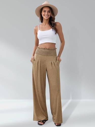 GEMLON Womens Wide Leg Pants High Waisted Palazzo Pants Summer Flowy Lounge Trousers Pants with Pockets Dark Khaki 2XL - Thumbnail 4