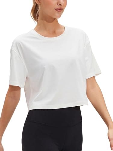 Stelle Womens Workout Crop Top Loose Short Sleeve Shirt Breathable Quick Dry UPF 50+ Oversized Boxy Tee for Running Athletic White X-Large