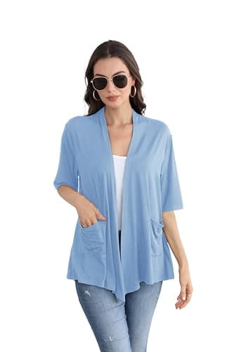 ADANIKI Women 2026 Summer Lightweight Cardigan, Short Sleeve Open Front Casual Trendy Womens Kimono Cover Up with Pocket (Lightblue, XXL) - Image 1