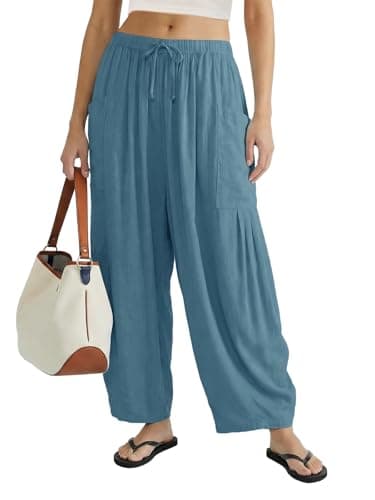 COCOMARTS Womens Linen Wide Leg Palazzo Pants Casual Loose Elastic Drawstring Flowy Pant 2025 Fall Travel Baggy Harem Pants with Pocket Lake Blue Large - Image 1
