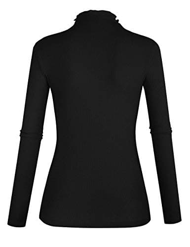 POPZONE Women's Lettuce Trim Mockneck Long Sleeve Slim Fit Ribbed Knit Tee Shirt (01-Black, XX-Large) - Thumbnail 2