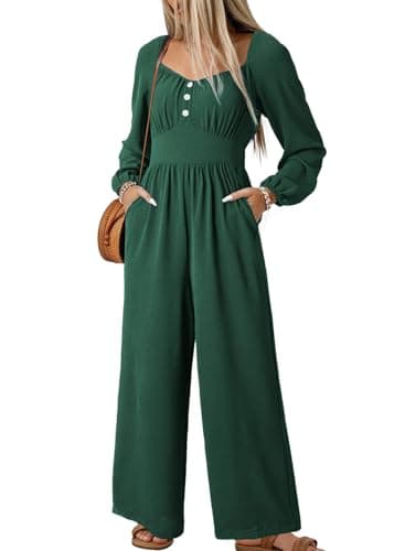 Dokotoo Lady Dressy Jumpsuits One Piece 2026 Spring Square Neck Boho Jumperss Adjustable Waisted Petite Wide Leg Vacation Outfits Plus Size with Pockets,Blackish Green X-Large - Image 1