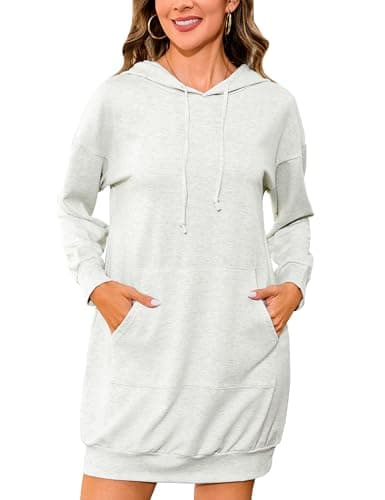 Quenteen Women Hooded Sweatshirts Dress Casual Long Sleeve Tunic Dress Oversized Sweatshirts with Pocket Light Gray - Image 1