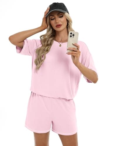 Ekouaer Lounge Sets for Women 2 Piece Shorts Sets Moisture Wicking Casual Summer Short Sleeve Matching Outfits with Pockets - Thumbnail 5