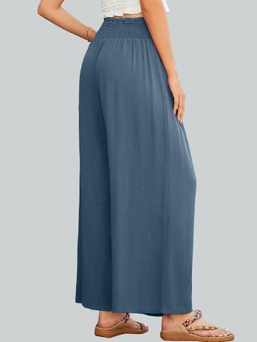 JUYUEO Womens Linen Summer Wide Leg Palazzo Pants High Waist Casual Loung Pant Beach Travel Vacation Harem Pants with Pockets Grey Blue - Thumbnail 5