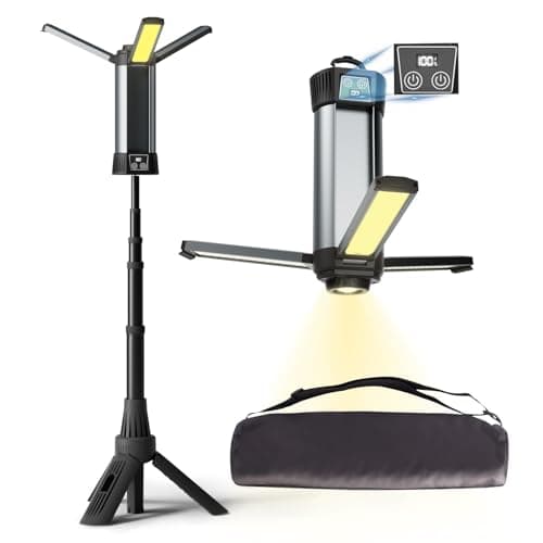 Mlogiroa Rechargeable LED Work Light with Stand - Cordless Work Lights Kit 3 Page Head,500/1000/2000 Lumen 3500/6500K Dimmable 6AH Camping Light with Detachable Tripod,Hooks and Carrying Bag - Image 1