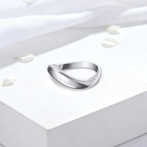 Zuyaeui 14K White Gold Plated Twisted Wave Ring for Women, 4mm Dome Polished 925 Sterling Silver Stackable Band, Wedding Anniversary Engagement Promise Gift for Her, Size 8 - Thumbnail 5