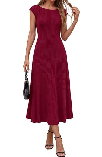 BTFBM Womens Spring Dresses 2026 Asymmetrical Neck Short Sleeve Pleated Swing Knit Midi Dress Business Casual(Burgundy, Small) - Image 1