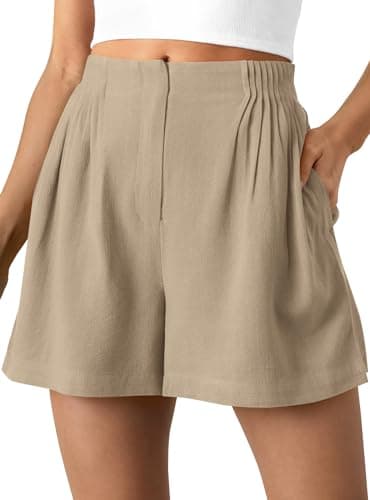 BTFBM Womens Shorts Casual 2026 Spring Summer Elastic High Waisted Pleated Cotton Shorts Beach Vacation Outfits Pockets(Khaki, XX-Large) - Image 1