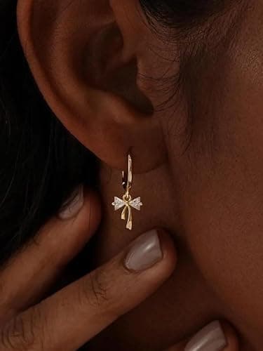 Dangle Earrings for Women 14K Gold Plated Cubic Zirconia Hoop Earrings Dainty Bow Diamond Drop Earring Wedding Jewelry for Brides - Thumbnail 2