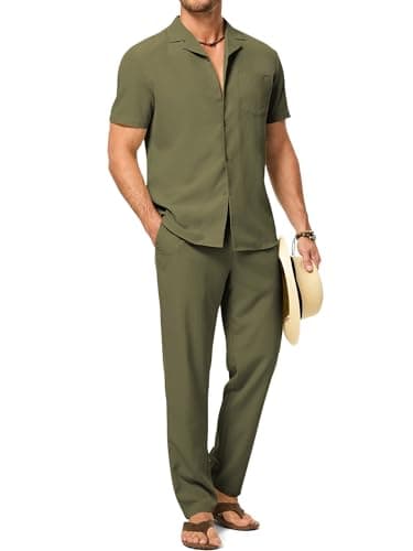 JMIERR Men Beach 2 Piece Outfit Matching Set Shirt Casual Loose Fit Lounge Sets Holiday Linen Pants, L, Green - Image 1