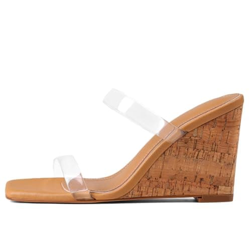 EQAUDES Wedge Sandals Clear Strap Heels for Women - Espadrilles, Square Toe, Vacation, Summer, Two Strap, Slip on, Beach Slides